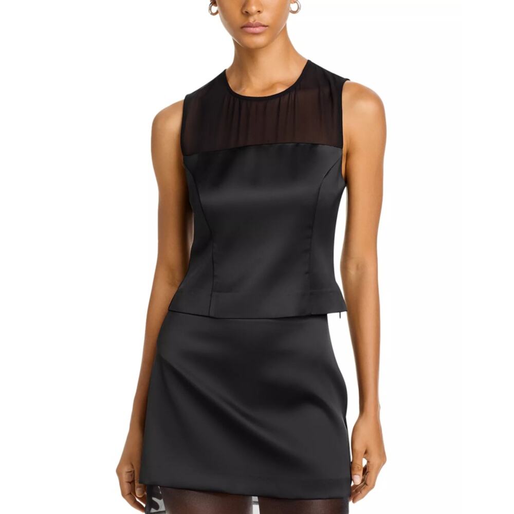 French Connection Women Black Satin Illusion Neck Panel Sleeveless Top Size 10